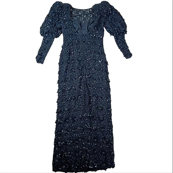 Black Tie By Oleg Cassini Beaded Puff Sleeve Formal Gown - Picture 5 of 12